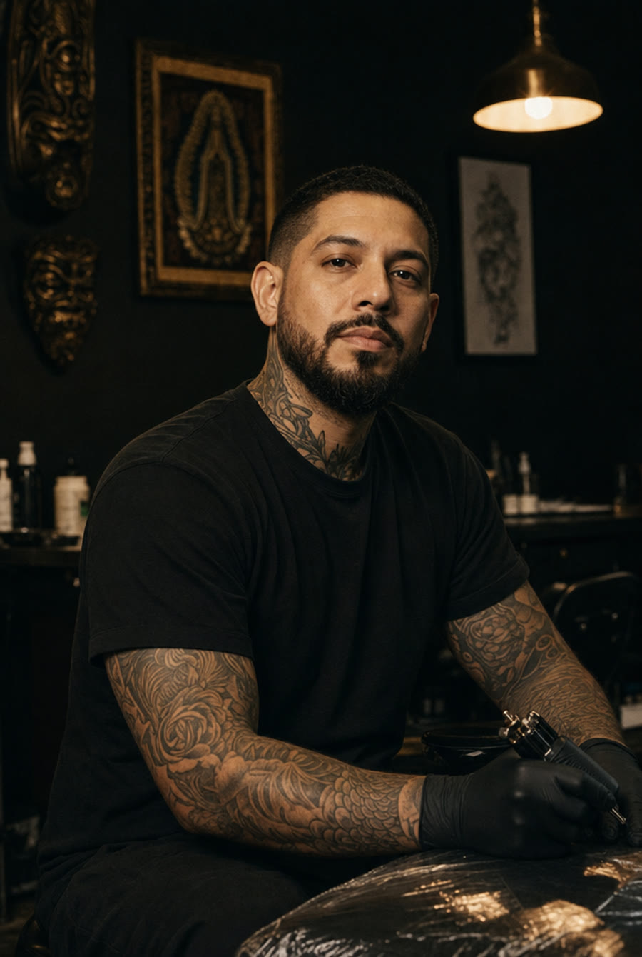 Marcus Reyes, tattoo artist at Crown Ink Studio in Brooklyn