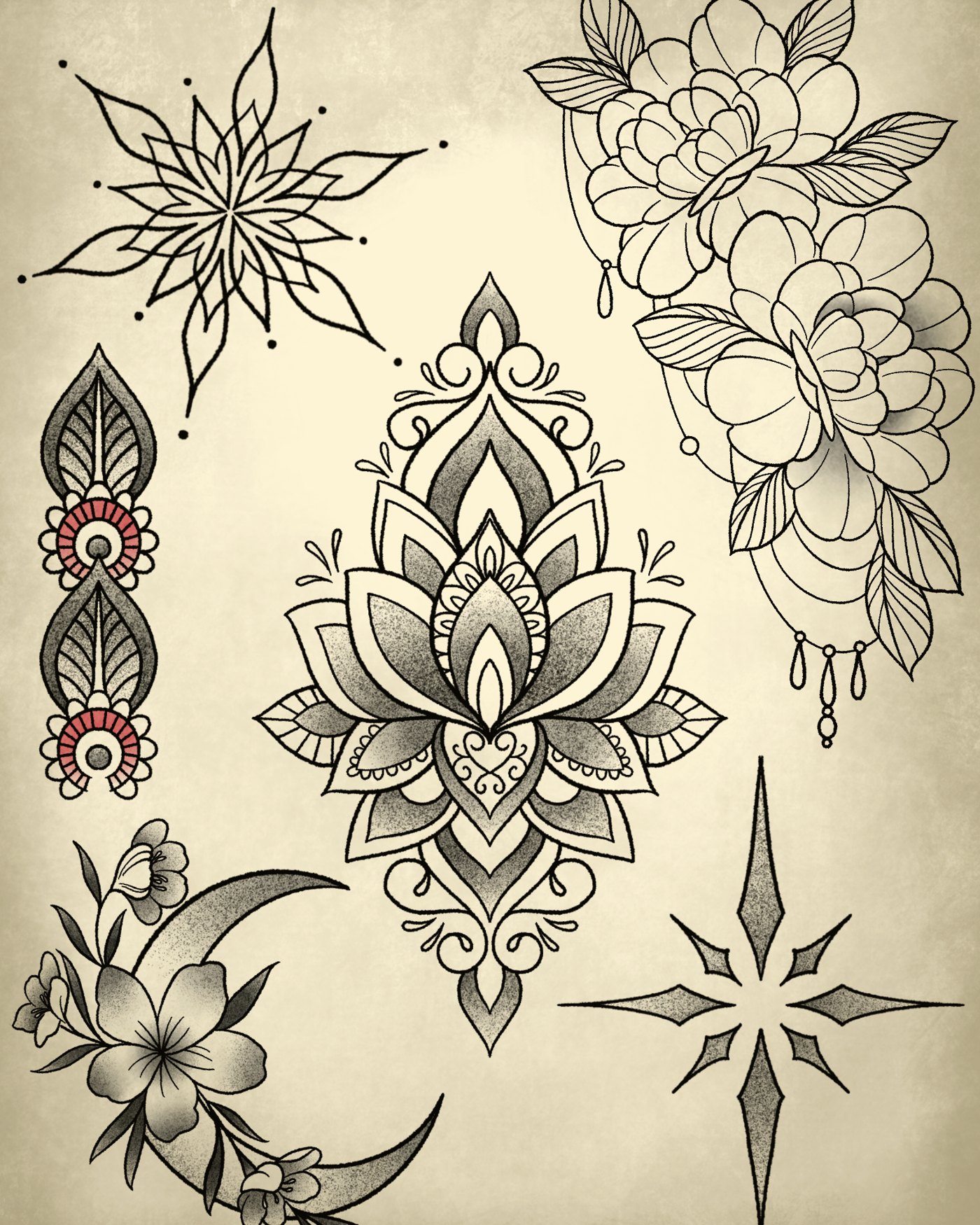 Lotus & Blossoms tattoo flash design — Fine-line — Crown Ink Studio Brooklyn