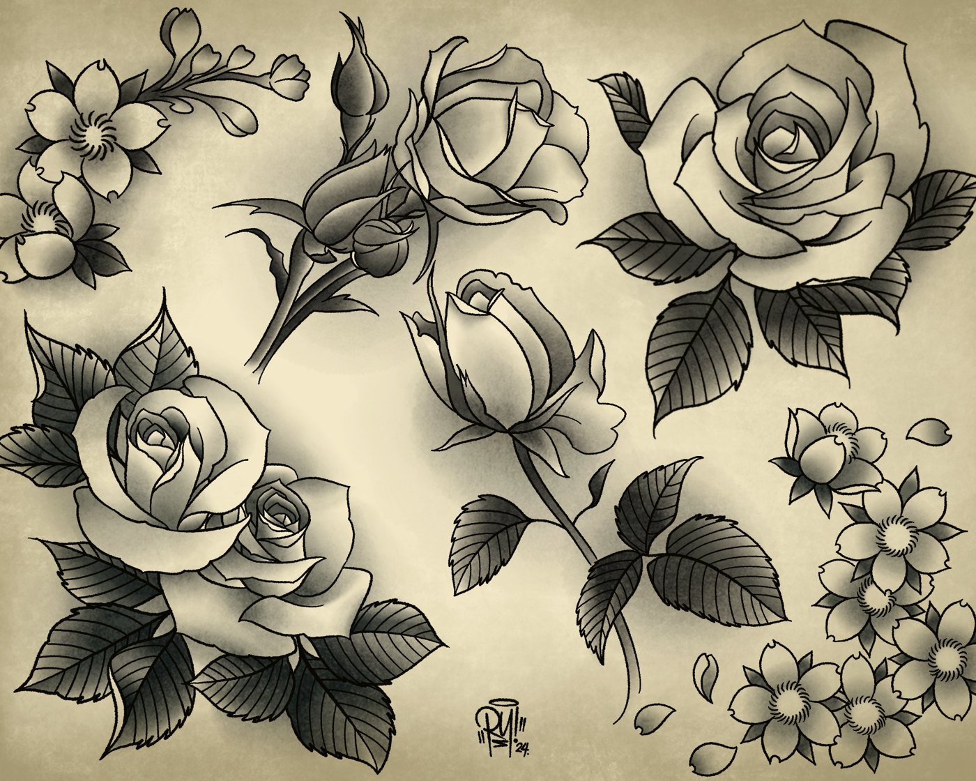 Roses & Blossoms tattoo flash design — Black & grey — Crown Ink Studio Brooklyn