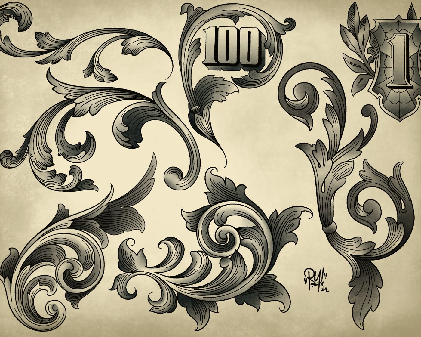 Filigree & Numerals tattoo flash design — Ornamental — Crown Ink Studio Brooklyn