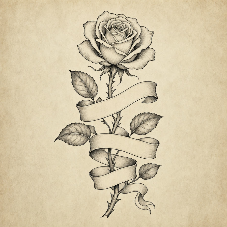 Rose & Banner tattoo flash design — Fine-line — Crown Ink Studio Brooklyn