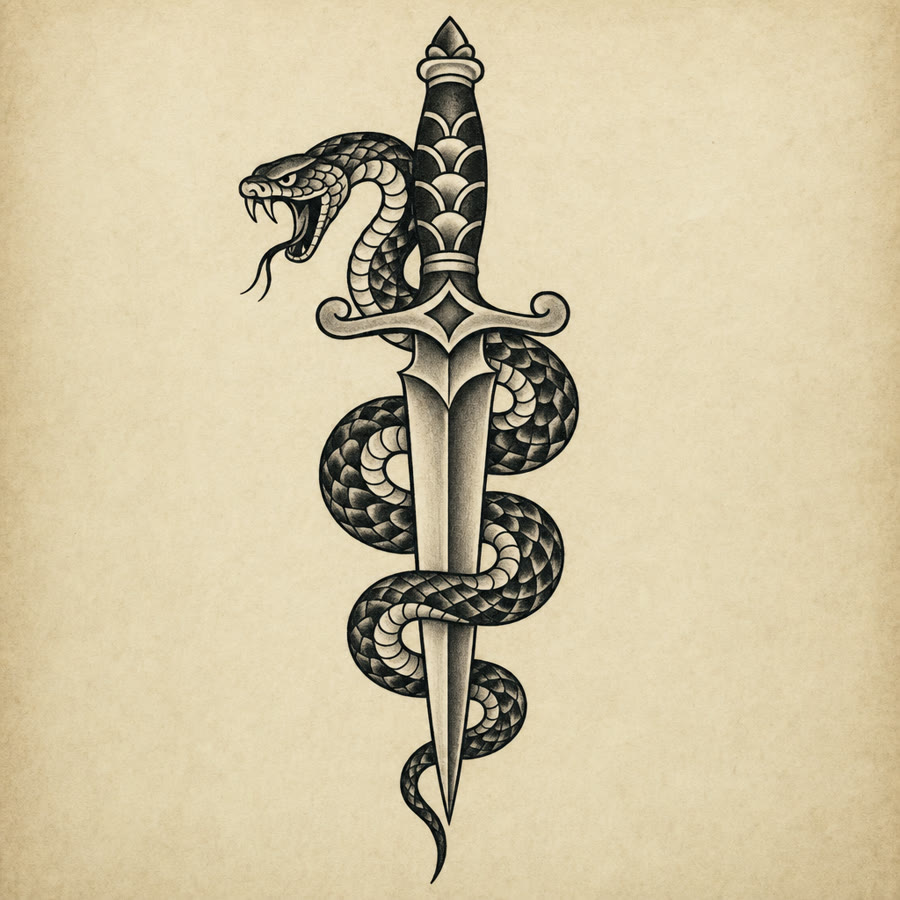 Dagger & Snake tattoo flash design — Traditional — Crown Ink Studio Brooklyn