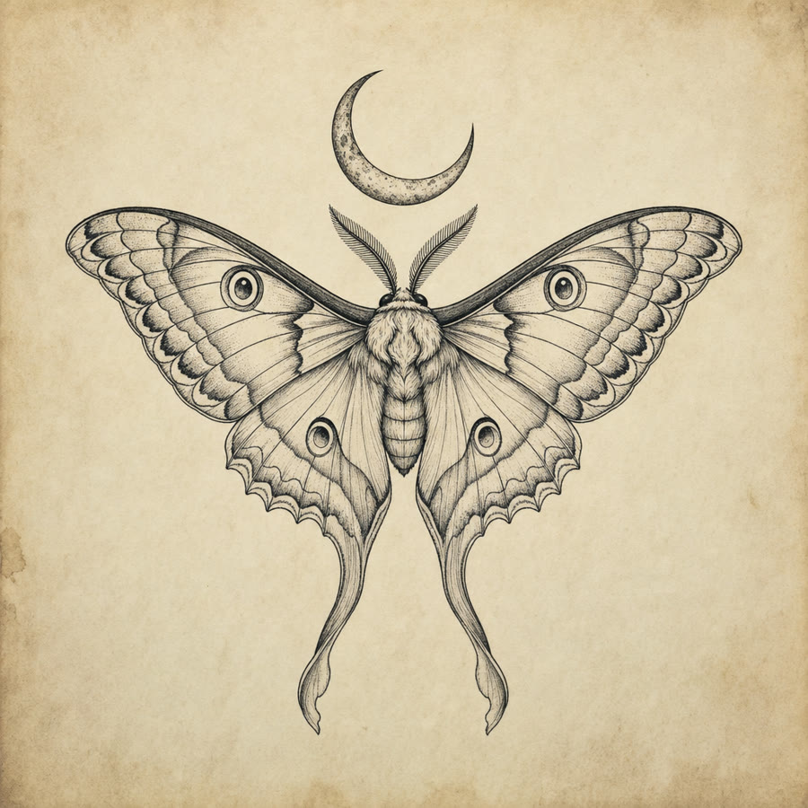 Moth tattoo flash design — Fine-line — Crown Ink Studio Brooklyn