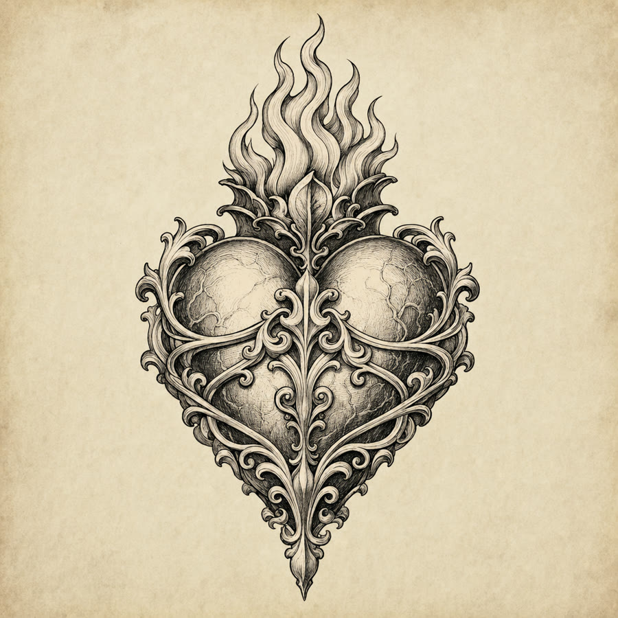 Flaming Heart tattoo flash design — Ornamental — Crown Ink Studio Brooklyn