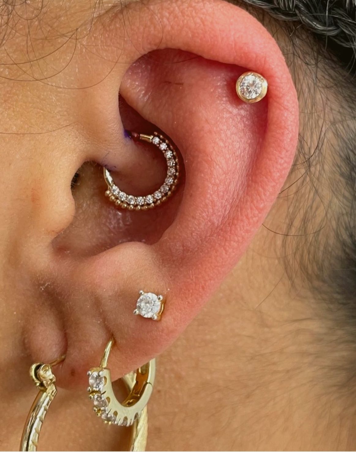 Jeweled daith with stacked gold lobes — by Ana, Crown Ink Studio Brooklyn