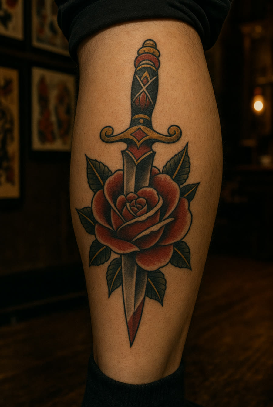 Traditional dagger and rose on the calf — by Dante Cruz, Crown Ink Studio Brooklyn