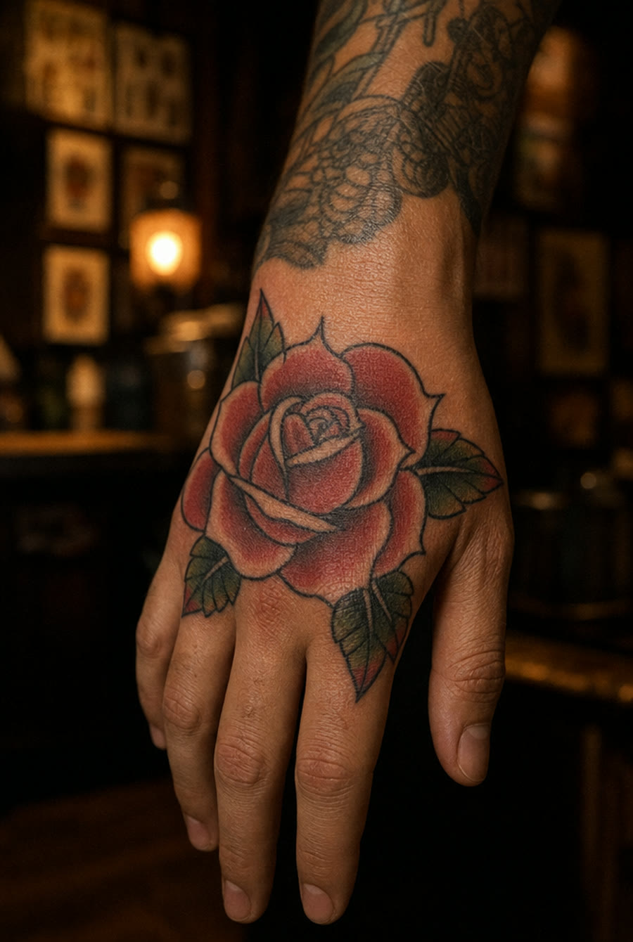 Traditional rose on the back of the hand — by Dante Cruz, Crown Ink Studio Brooklyn