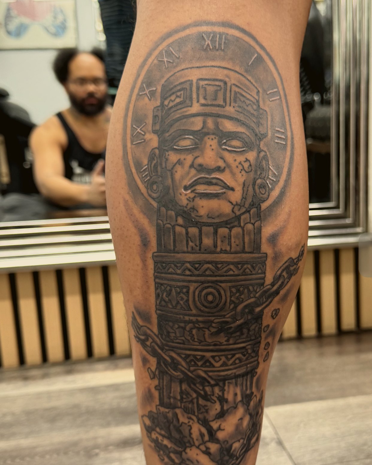 Aztec warrior, black & grey, calf — by Eddie Stabz, Crown Ink Studio Brooklyn
