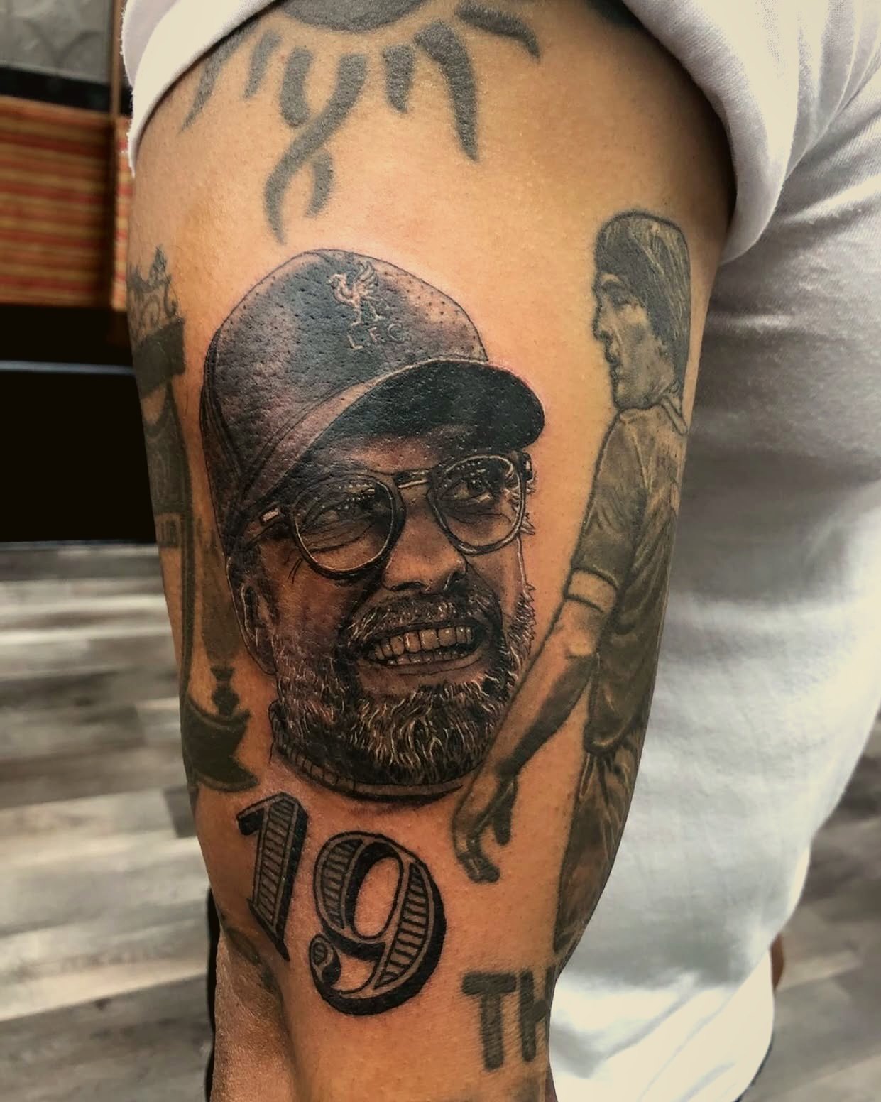 Portrait with numerals, upper arm — by Eddie Stabz, Crown Ink Studio Brooklyn