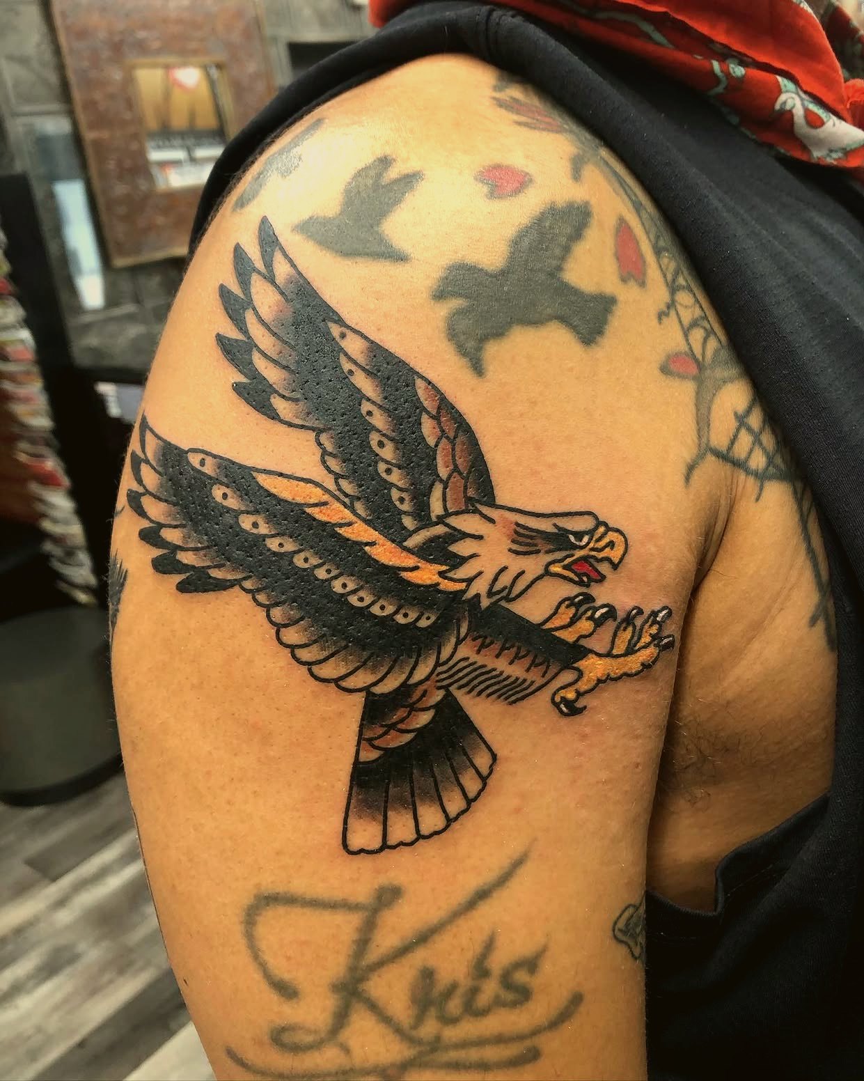 Bold American Traditional eagle on the shoulder — by Eddie Stabz, Crown Ink Studio Brooklyn