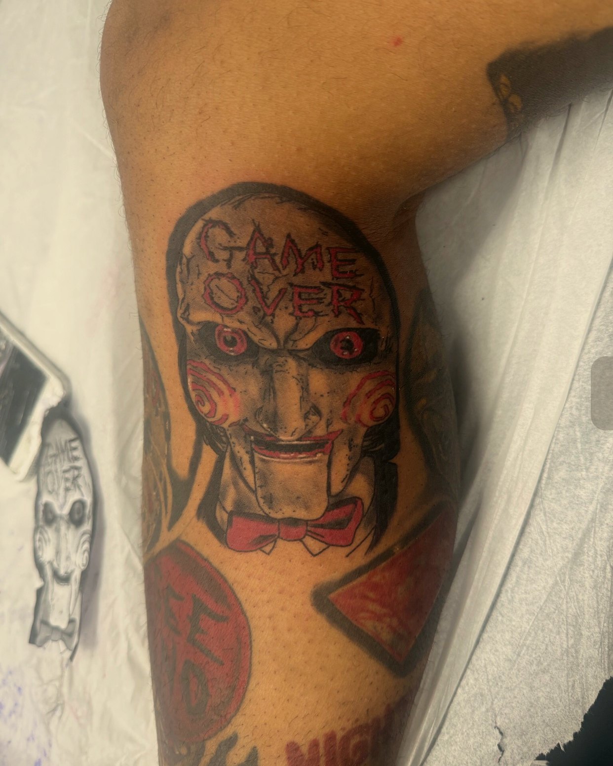 Horror-icon portrait, high-contrast black & grey with red — by Eddie Stabz, Crown Ink Studio Brooklyn