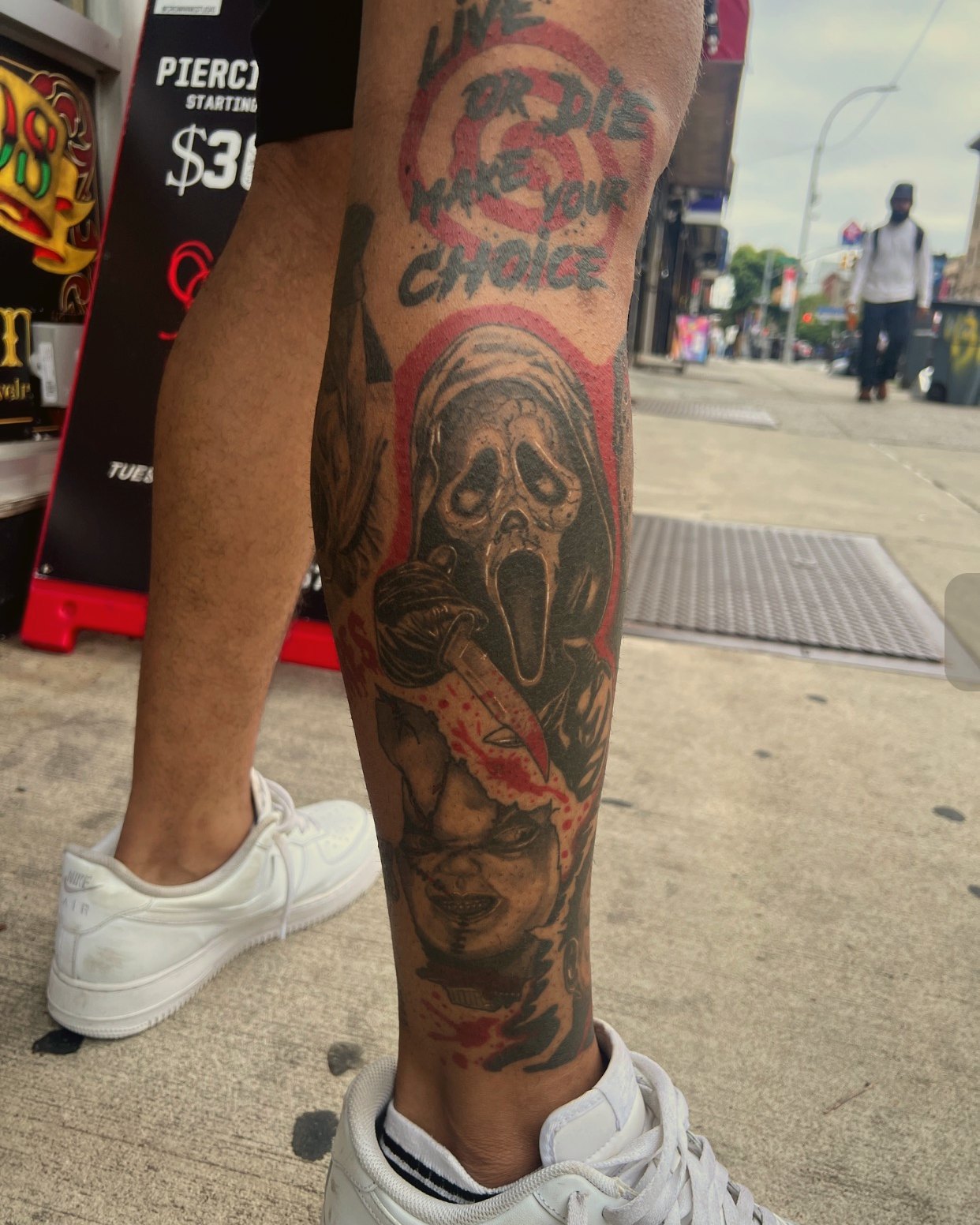 Horror portrait with lettering on the calf — by Eddie Stabz, Crown Ink Studio Brooklyn