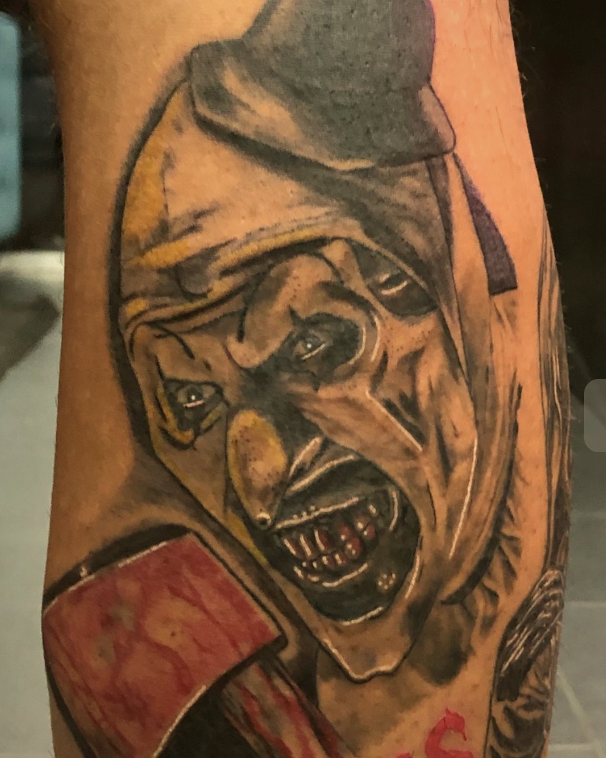 Clown portrait, black & grey with red accents — by Eddie Stabz, Crown Ink Studio Brooklyn