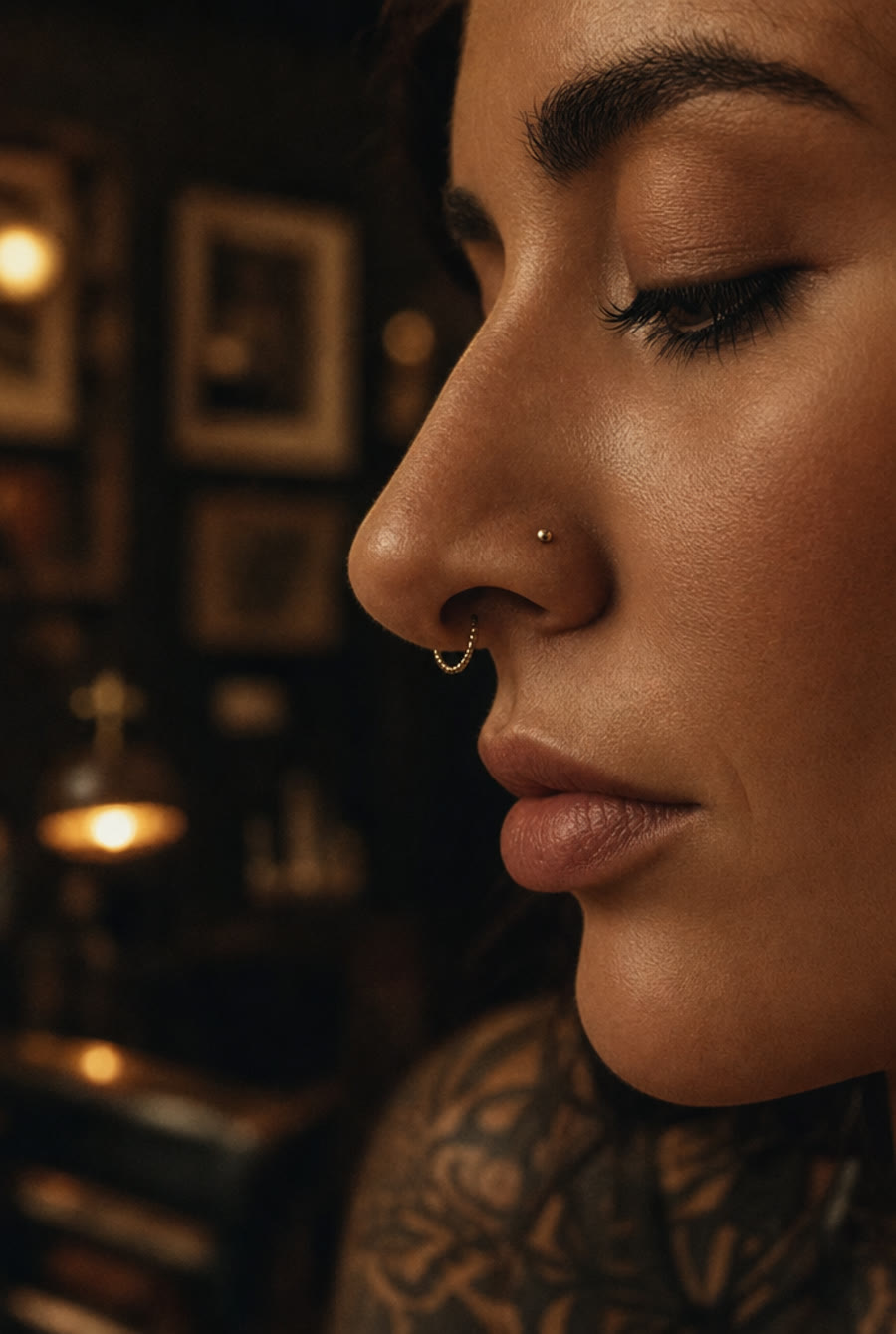 Fine gold septum and nostril — by Lena Marsh, Crown Ink Studio Brooklyn