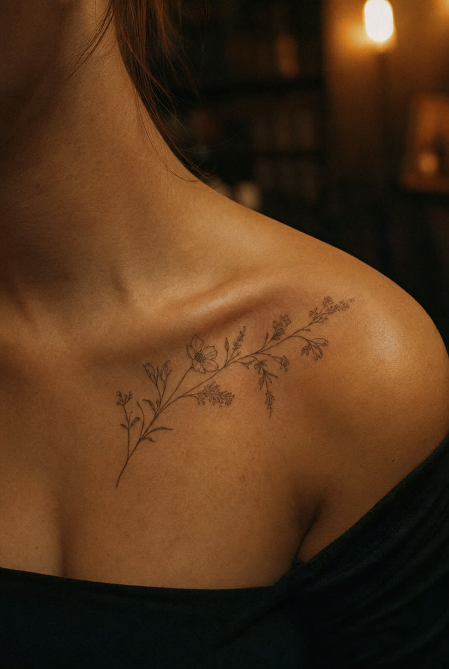 Fine-line wildflowers across the collarbone — by Marcus Reyes, Crown Ink Studio Brooklyn