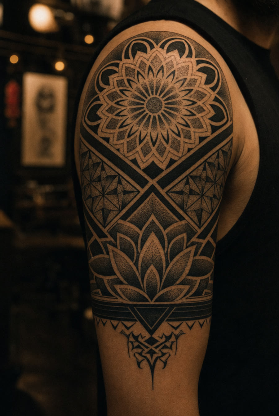 Ornamental blackwork half-sleeve — by Nia Okafor, Crown Ink Studio Brooklyn