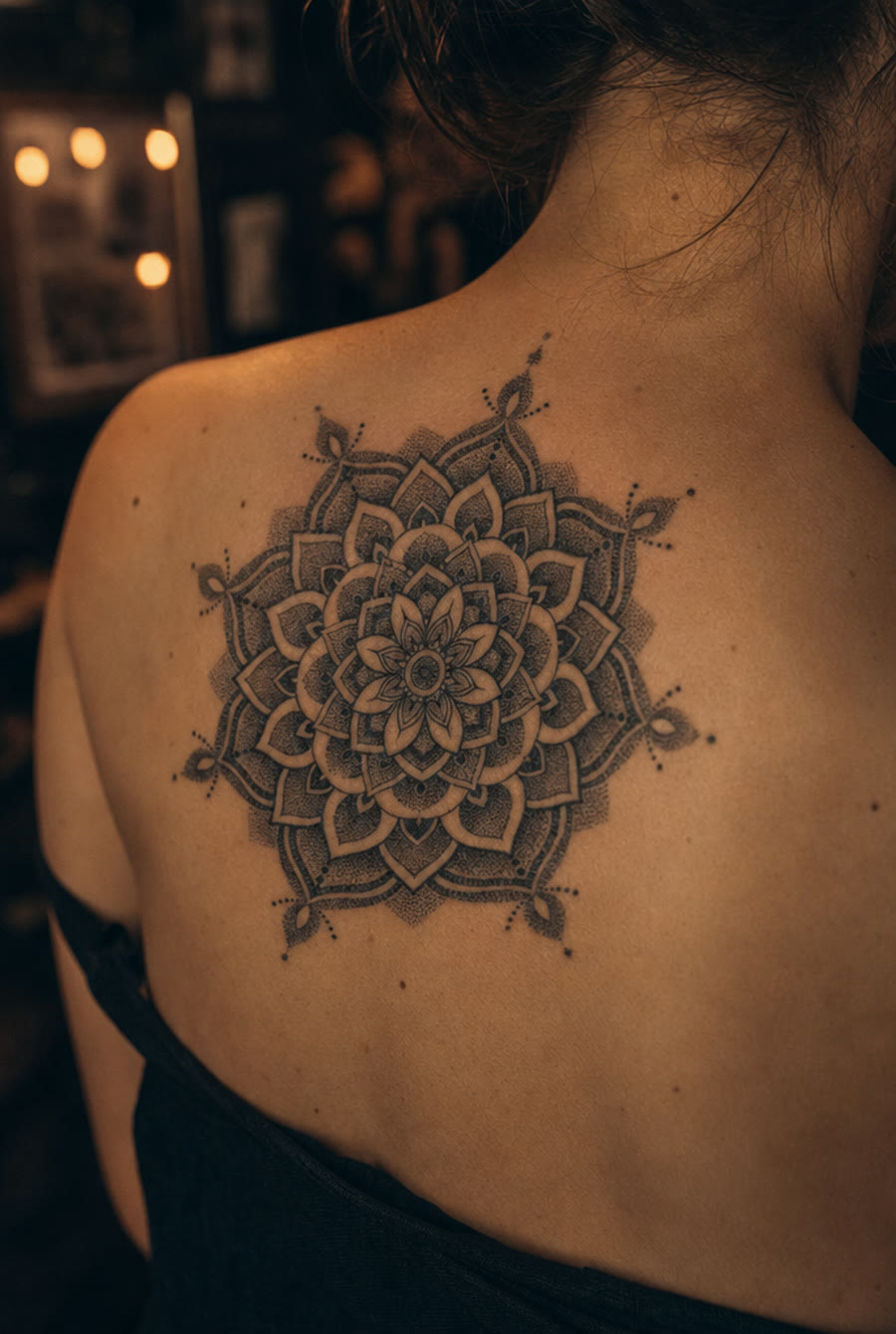 Dotwork mandala on the shoulder blade — by Nia Okafor, Crown Ink Studio Brooklyn