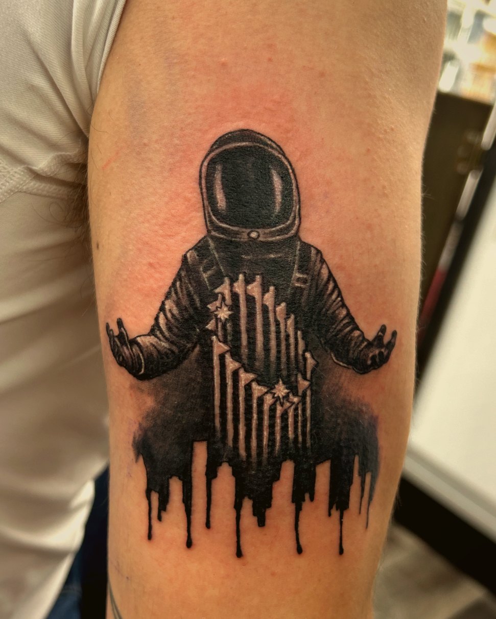 Astronaut over a dripping skyline, black & grey — by Paul Aroca, Crown Ink Studio Brooklyn