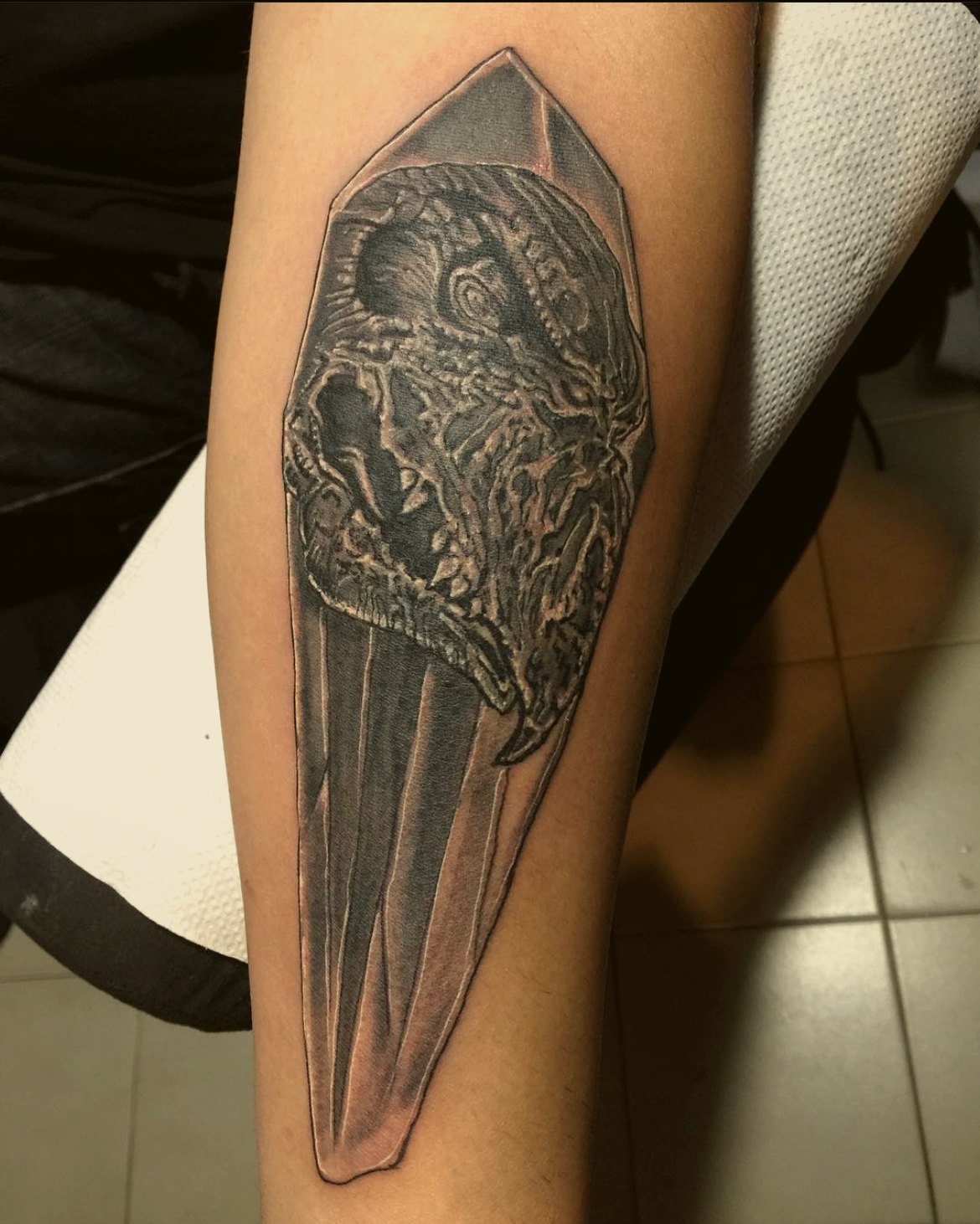 Owl in a coffin frame, black & grey — by Paul Aroca, Crown Ink Studio Brooklyn
