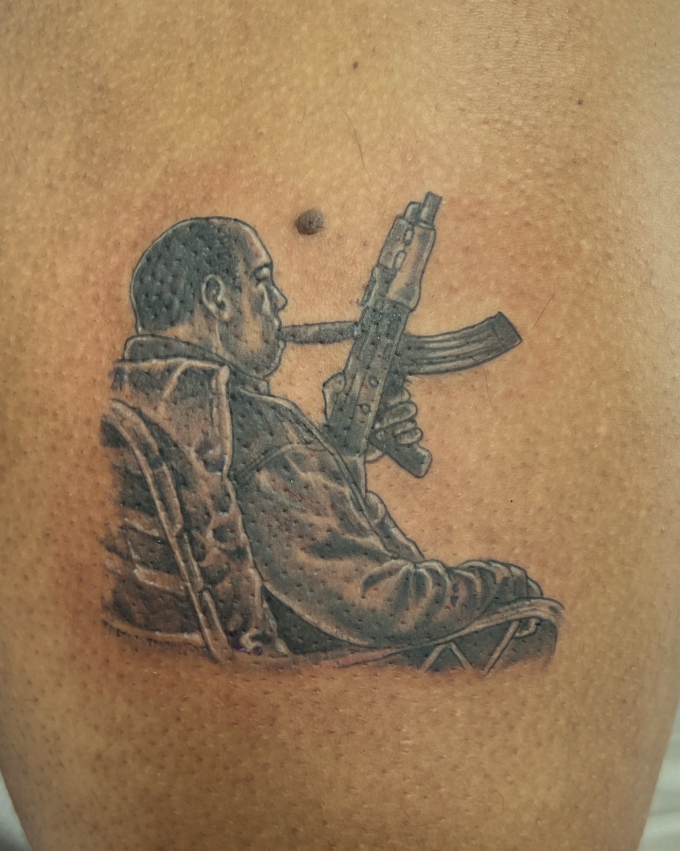 Black & grey portrait, upper arm — by Paul Aroca, Crown Ink Studio Brooklyn