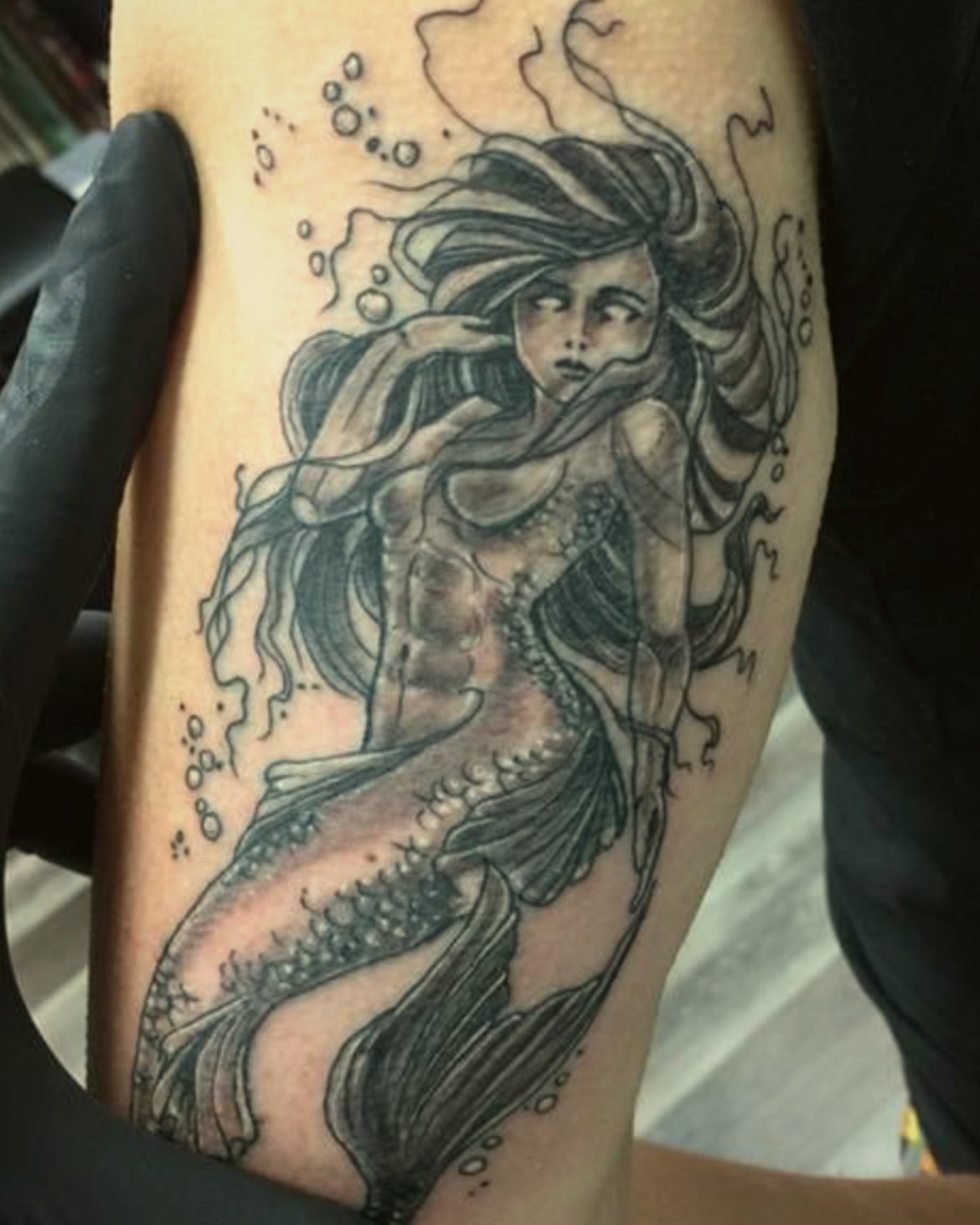 Mermaid, black & grey, forearm — by Paul Aroca, Crown Ink Studio Brooklyn