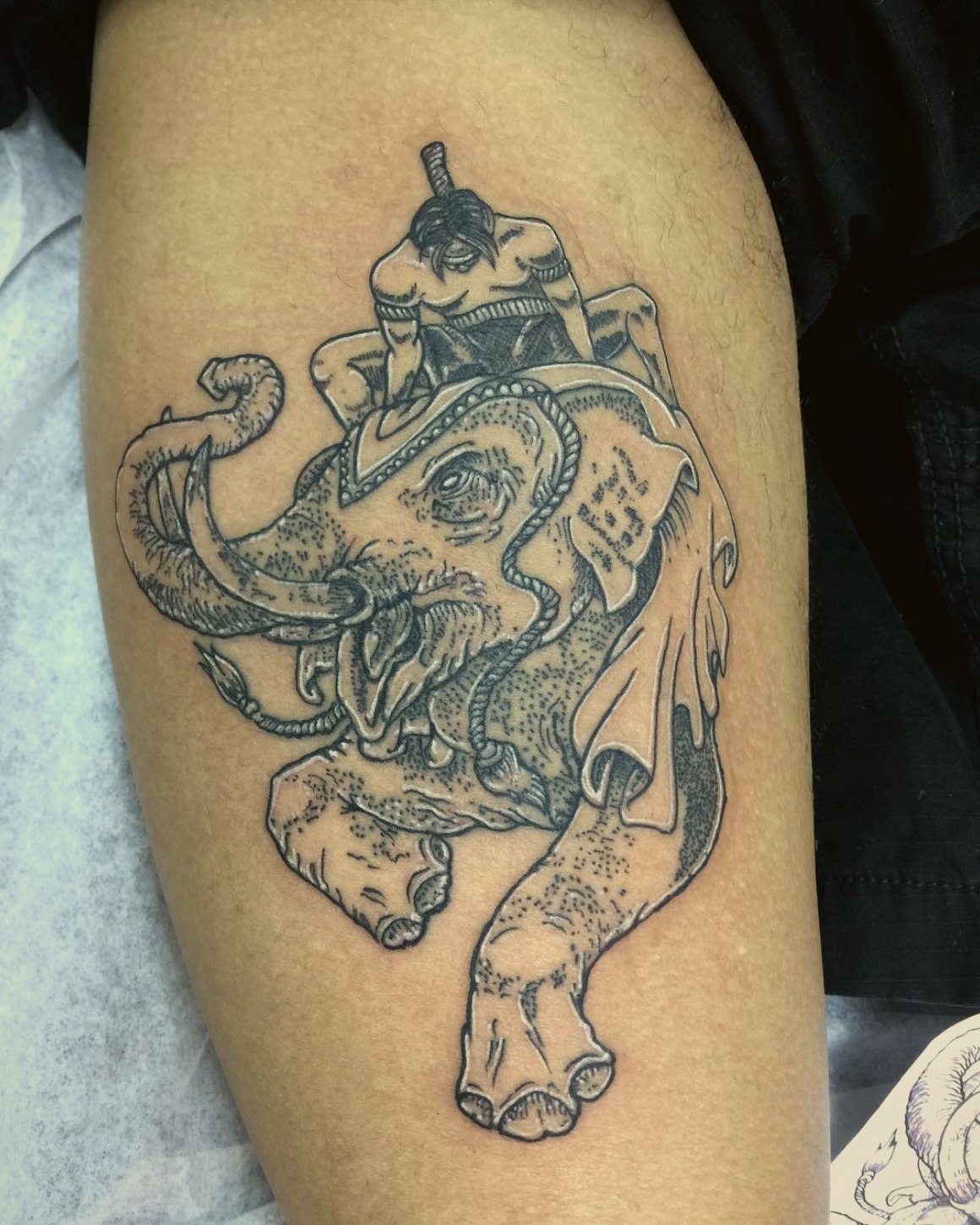 Elephant with a rider, black & grey — by Paul Aroca, Crown Ink Studio Brooklyn