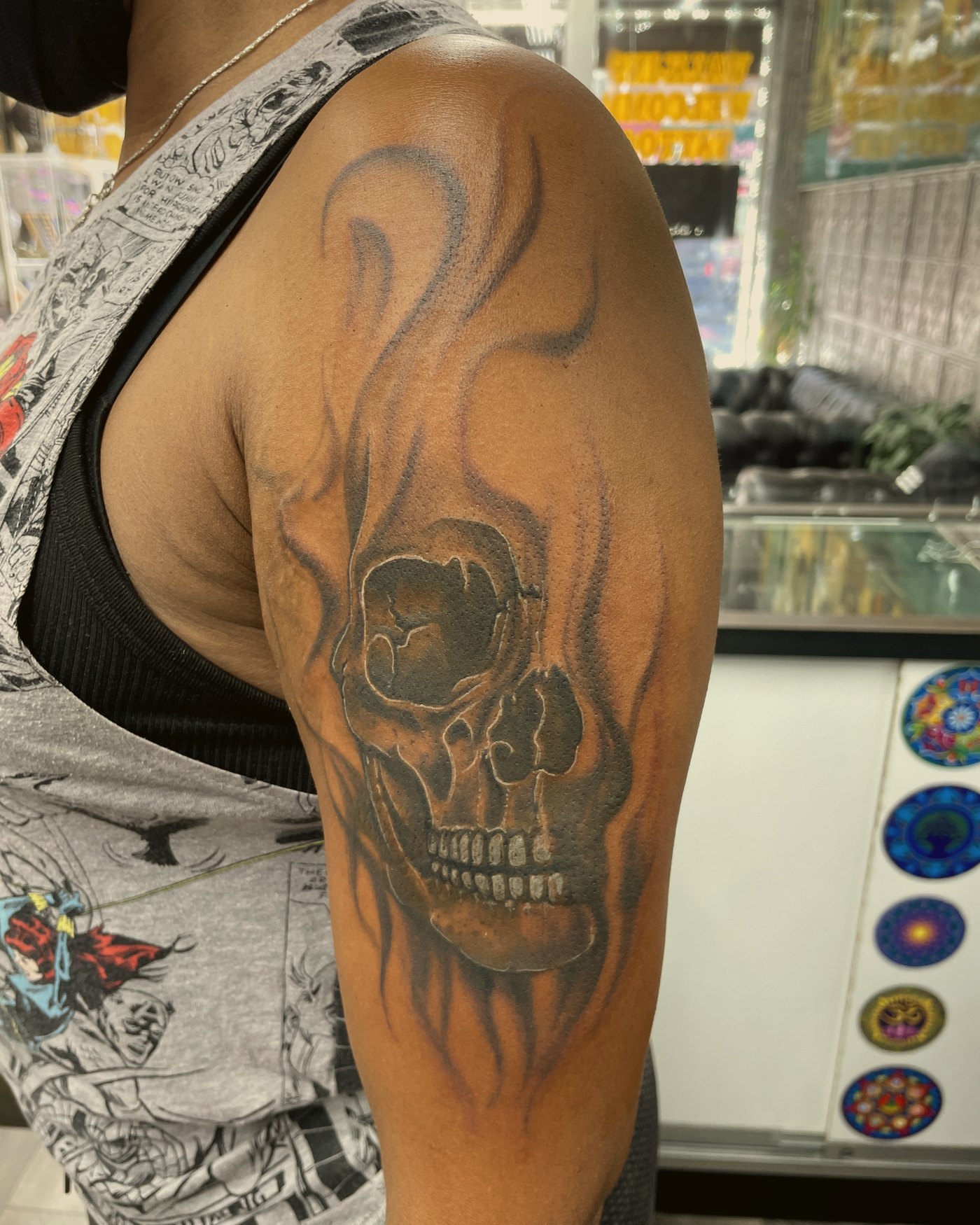 Smoking skull on the shoulder — by Paul Aroca, Crown Ink Studio Brooklyn