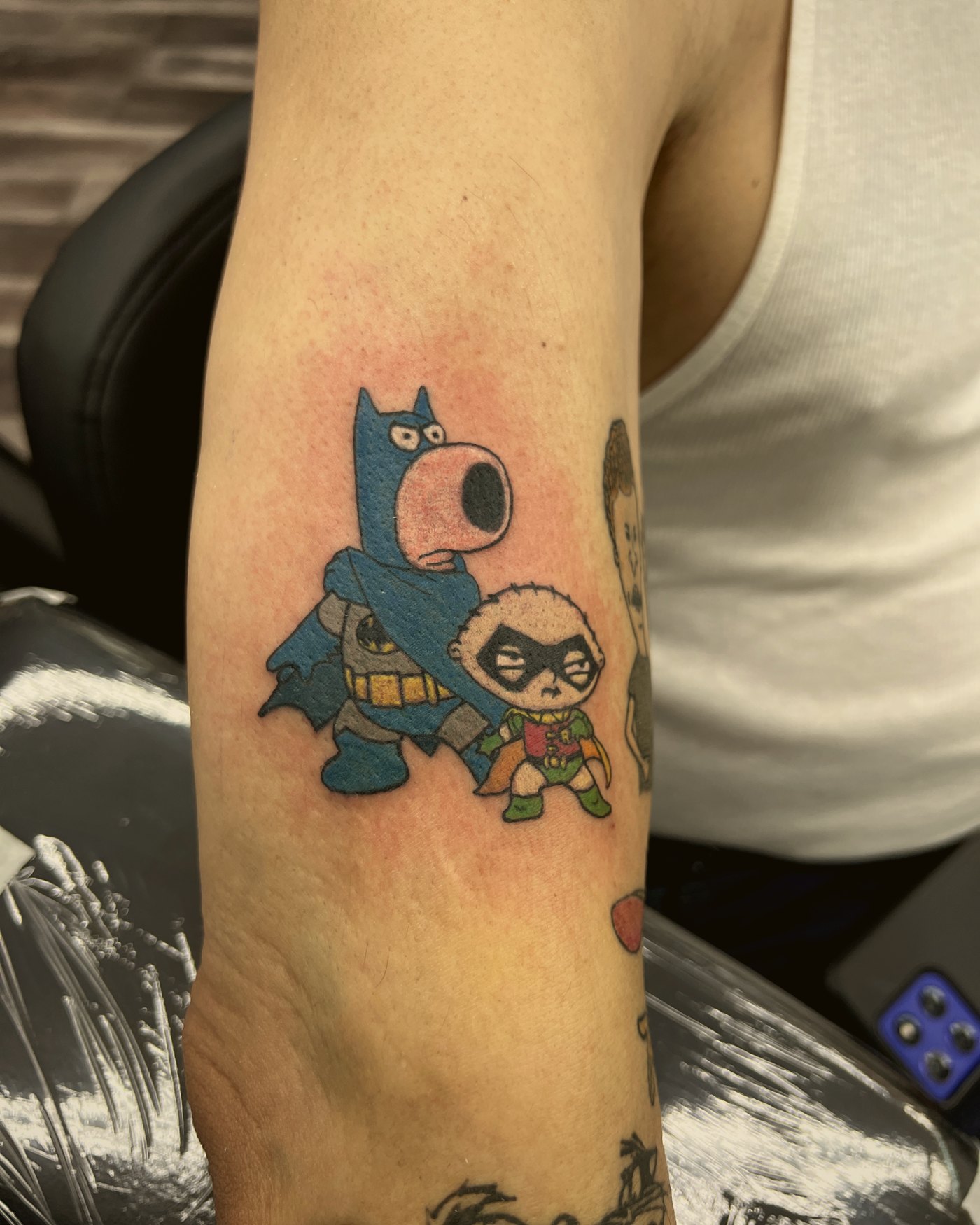 Color character duo, forearm — by Paul Aroca, Crown Ink Studio Brooklyn