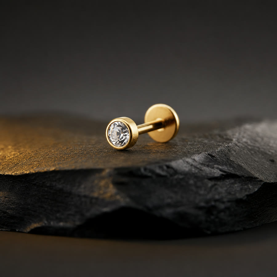 Gem Flat-Back Stud — 14k gold top · titanium post · threadless — Crown Ink Studio jewelry, Brooklyn