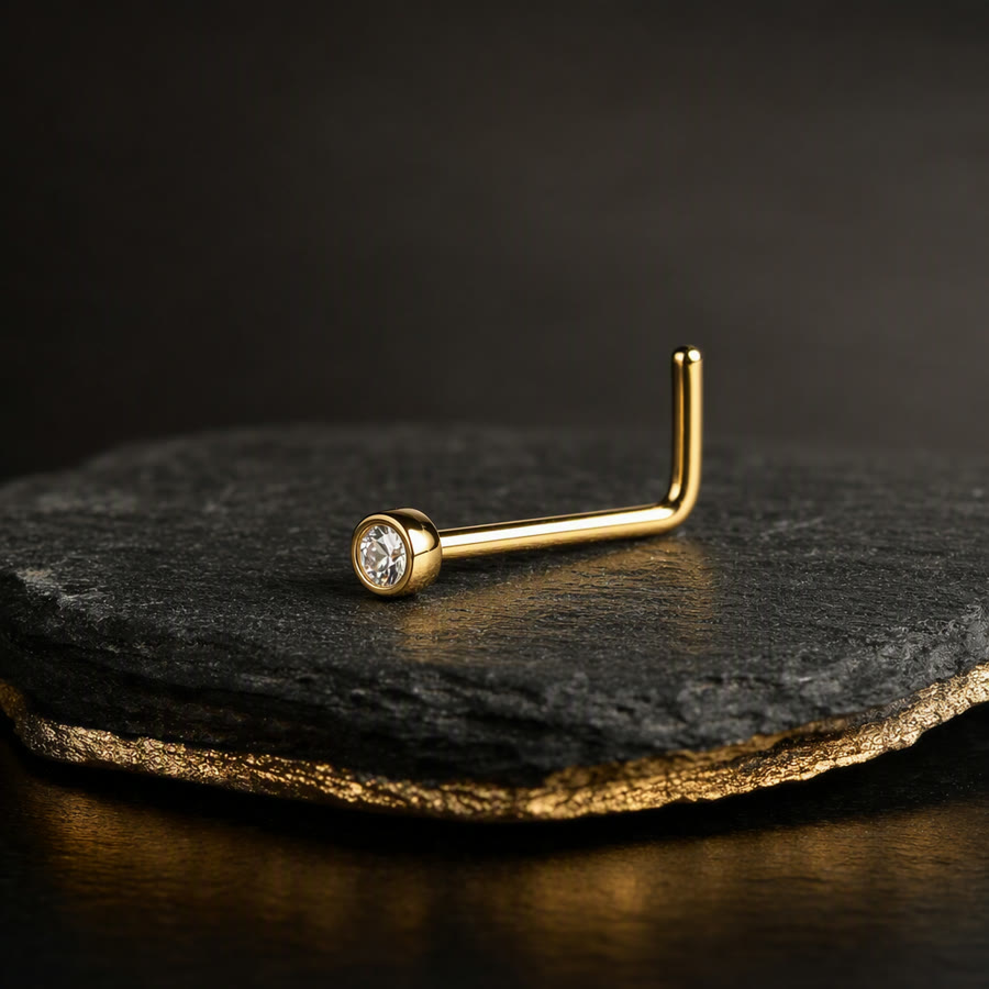 Gem Nostril Screw — 14k gold · 20g · 2mm gem — Crown Ink Studio jewelry, Brooklyn
