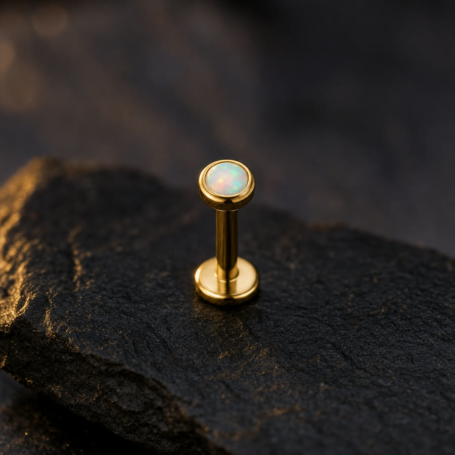 Opal Labret Stud — 14k gold top · titanium post · 3mm opal — Crown Ink Studio jewelry, Brooklyn