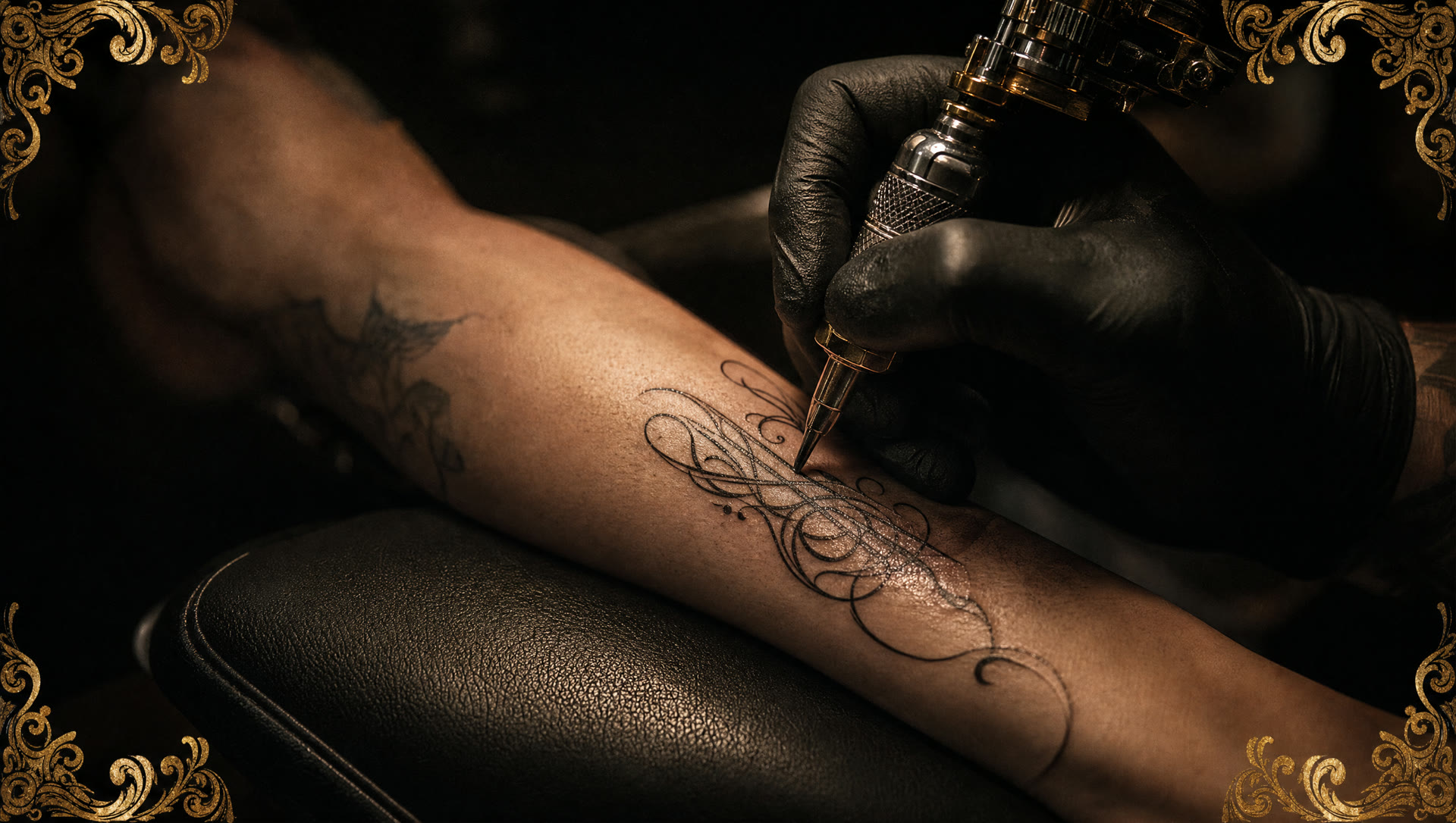 Close-up of a fine-line script tattoo being inked on a forearm at Crown Ink Studio, Brooklyn