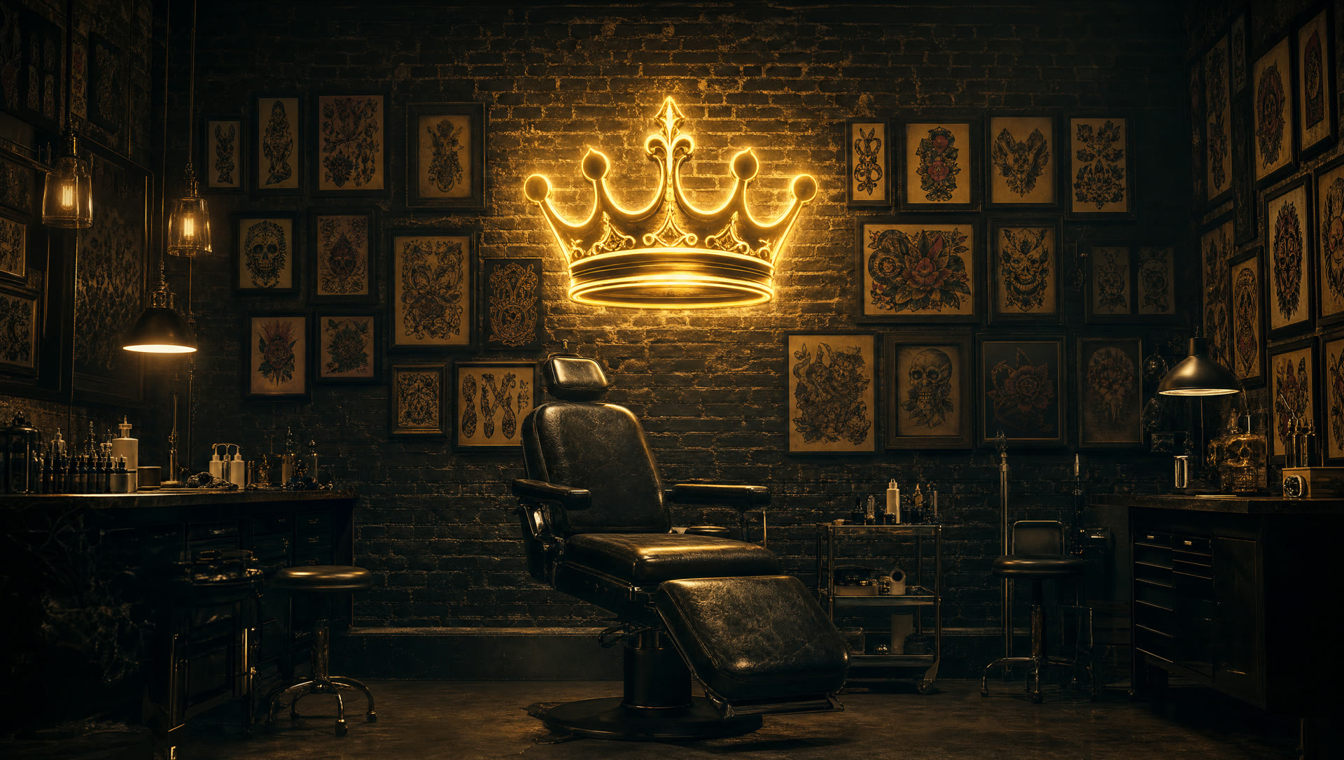 Crown Ink Studio interior with glowing gold crown over the tattoo chair and framed flash art